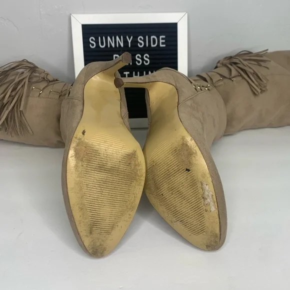 ShoeDazzle Tan Faux Suede Thigh High Stiletto Boots Tassel Lace Up 7.5 - Picture 9 of 11